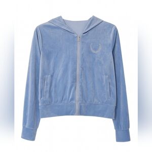 Blue Velour Zip-Up Hoodie with Embellished Logo